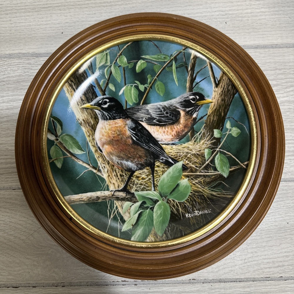 KNOWLES The Robin 11.25" Collector Plate #3537 Wood Frame Kevin Daniel 1986